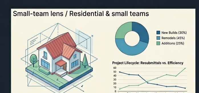 Small-team lens — residential breakdown by build / remodel / addition with resubmittals-vs-efficiency curve